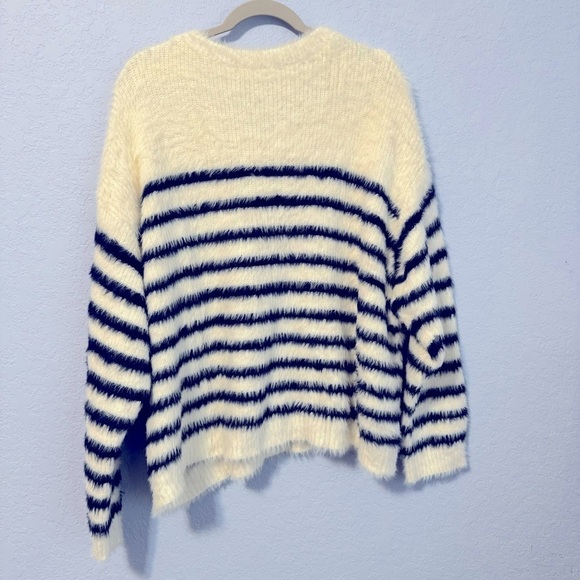 La Ligne For Target Soft Fluffy White With Blue Stripes Crew Neck Sweater - Picture 3 of 3